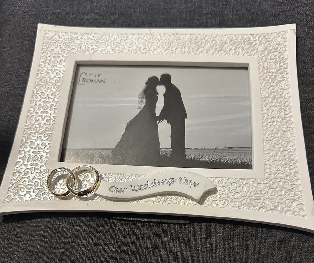 Roman Our Wedding Day Photo Frame 4x6 White Lace Wedding Rings #14941